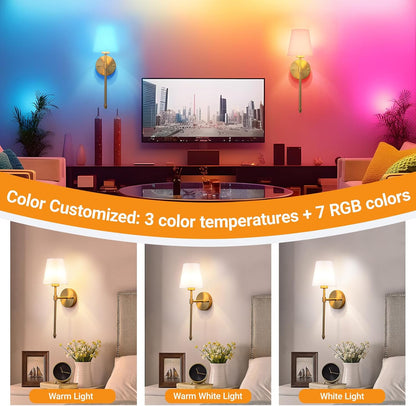 Nekhung Battery Operated Wall Sconces Set of Two, Wireless Battery Wall Light with 10000mAh RGB Dimmable Magnetic Bulb and Remote, Rechargeable Sconce Wall Decor for Bedroom Living Room Hallway