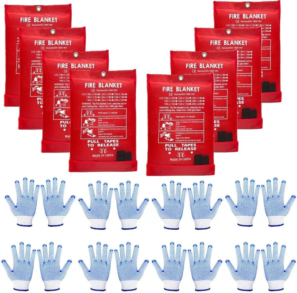 Blankets 8 Packs with Gloves. High Heat-Resistant fire Blankets for Home Security, Kitchen and Camping, Emergency fire Blankets for Home and Kitchen,