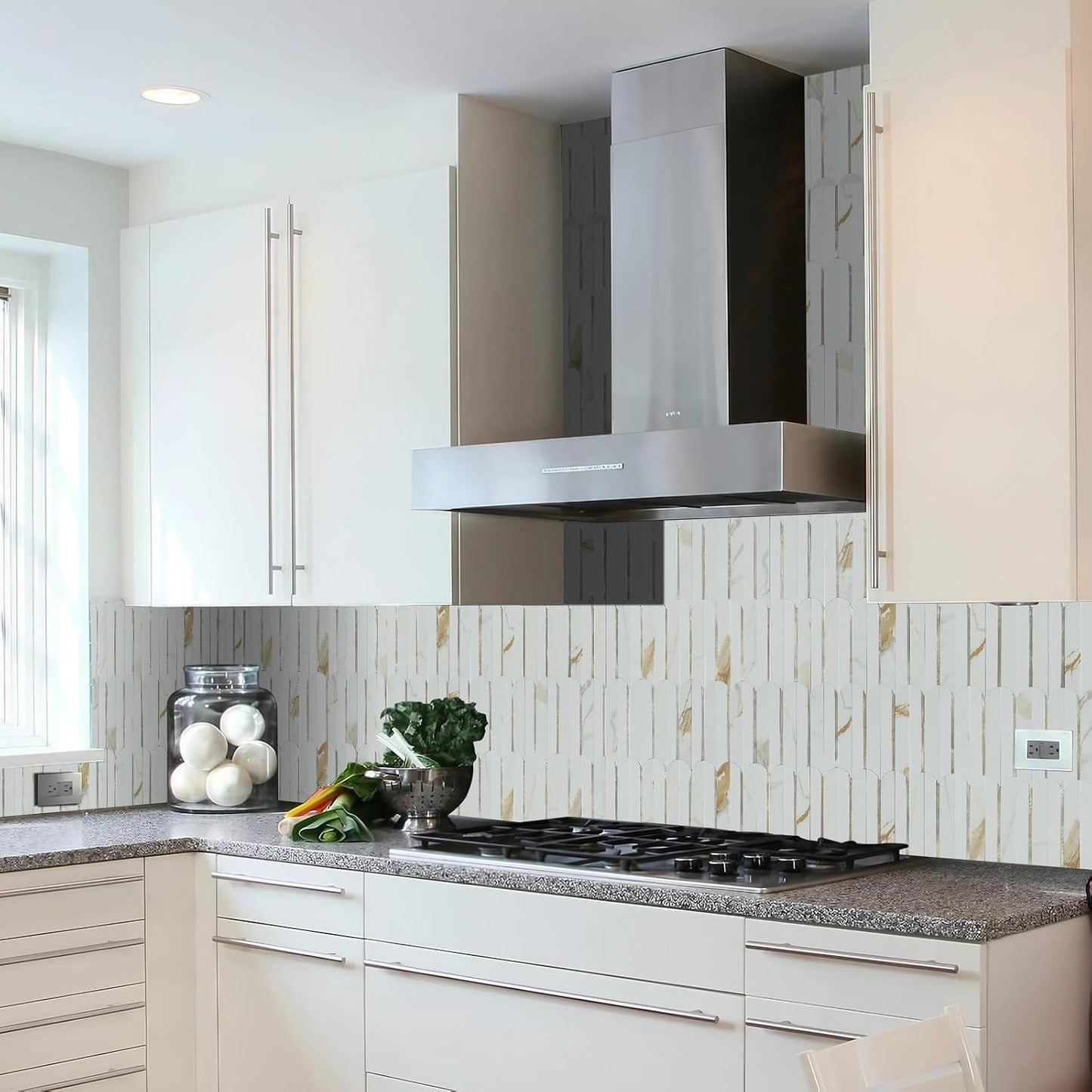 Vamos Peel and Stick Backsplash Seamless Tile for Kitchen and Bathroom,White and Beige Slate PVC Mixed Light Gold Self Adhesive Fish Scale Metal Mosaic Tiles (10 Sheets)