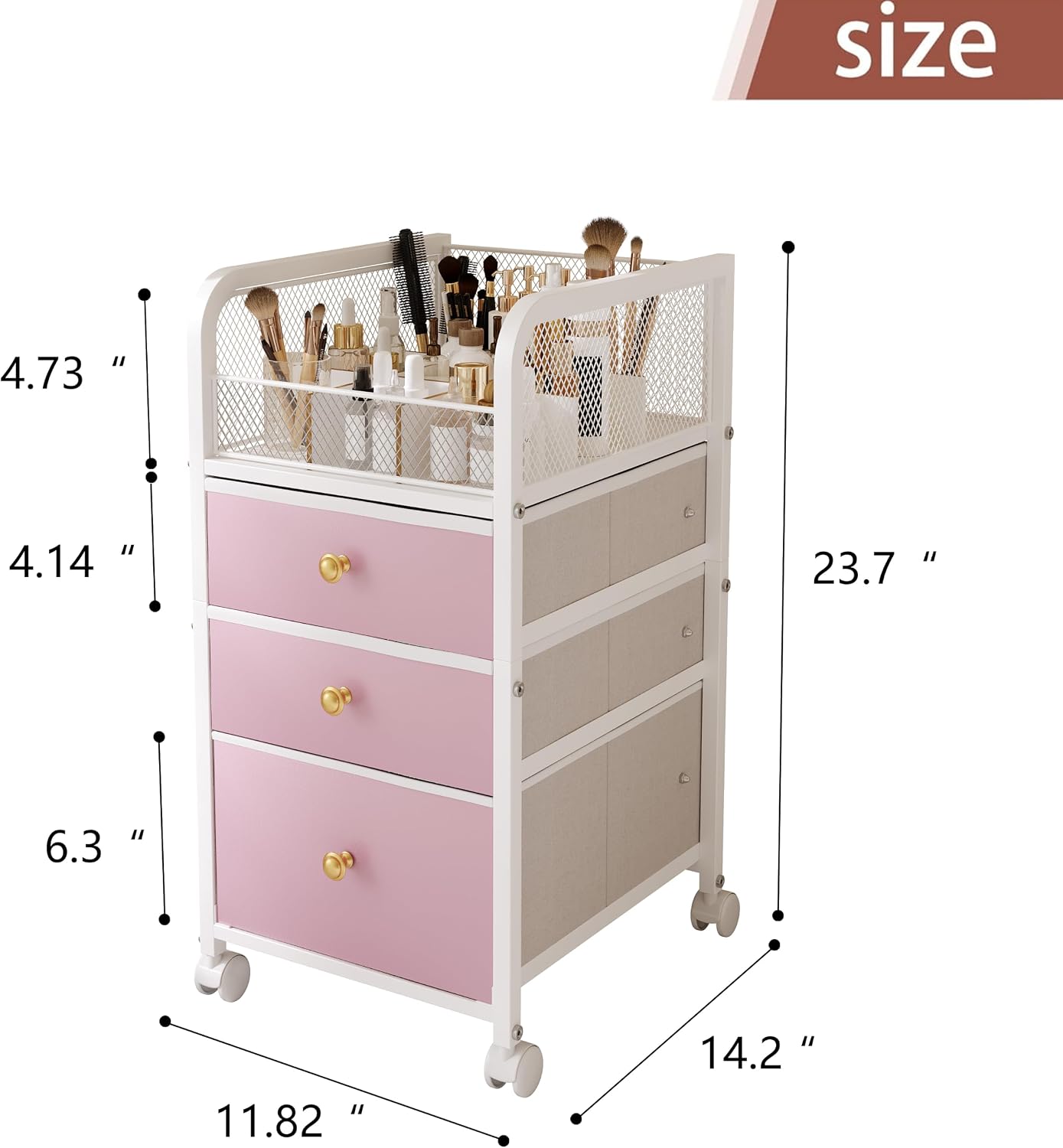 Rolling Makeup Organizer Cart with 3 Drawers, Under Desk Vanity Makeup Storage Cart, Bathroom Storage Cart Cosmetic Display Cases Cabinet for Nail Polish, Brushes & Hair Tools, Gold