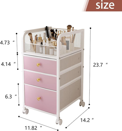 Rolling Makeup Organizer Cart with 3 Drawers, Under Desk Vanity Makeup Storage Cart, Bathroom Storage Cart Cosmetic Display Cases Cabinet for Nail Polish, Brushes & Hair Tools, Gold