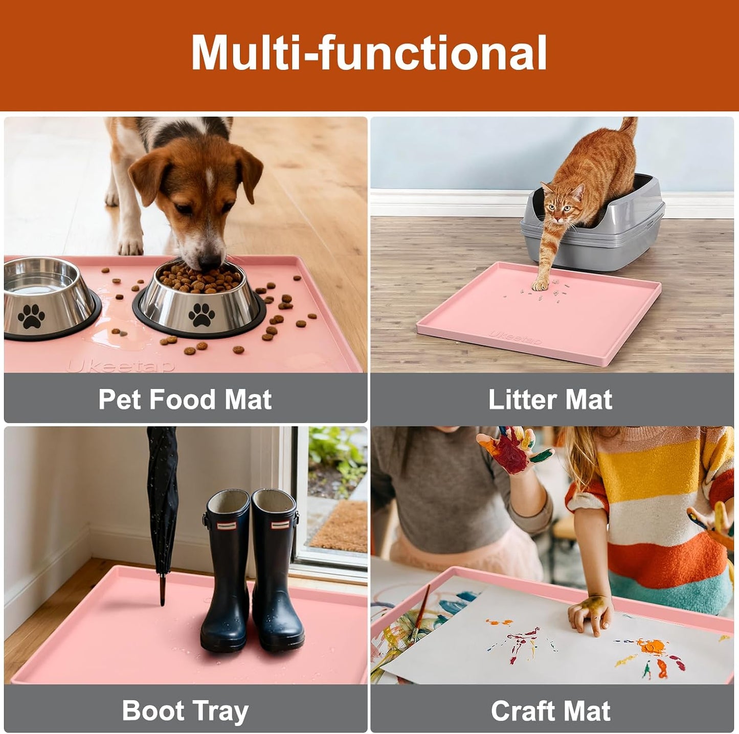 ukeetap Extra Thick Silicone Mat Waterproof with Raised Edge 19” x 12”, BPA Free Non-Slip Dog & Cat Food Mat, Feeding Mat for Food and Water Bowls, Spill Proof Mat to Protect Floors, Black