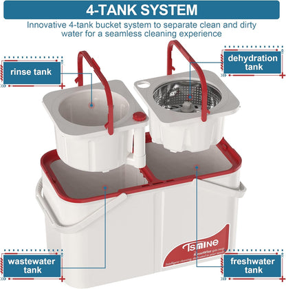 Spin Mop for Large Homes & Big Floor Cleaning, Clean & Dirty Water Separation Mop Bucket for Family & Pet Homes,4-Chamber System, Glide Wheels, Safe for Hardwood & Tile, Adjustable Handle, 6 Mop Heads
