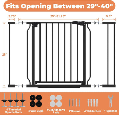 Baby Gate No Drilling, 29"-40" Auto Close Dog Gate Indoor for Doorways & Stairs, Pressure Mounted Adjustable Pet Gate, Easy Walk Through Child Gate for Children & Pets Stroller Friendly, White