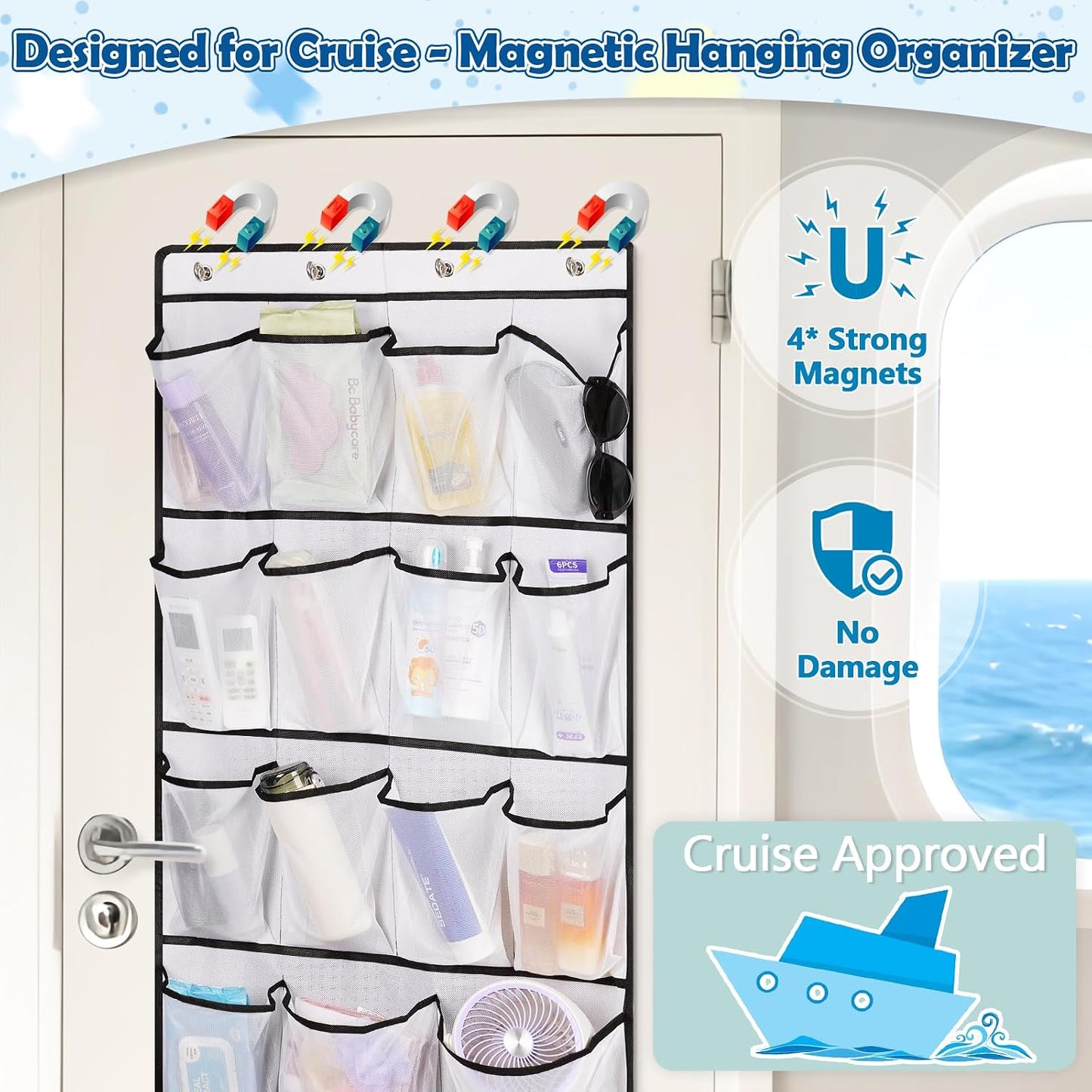 Over The Door Cruise Ship Organizer - Cruise Ship Magnetic Door Organizer with 15 Size-Graded Pockets, Hanging Magnetic Cruise Storage Shoe Rack for Cabin, 2026 Cruise Essential, 9 Hooks(White)