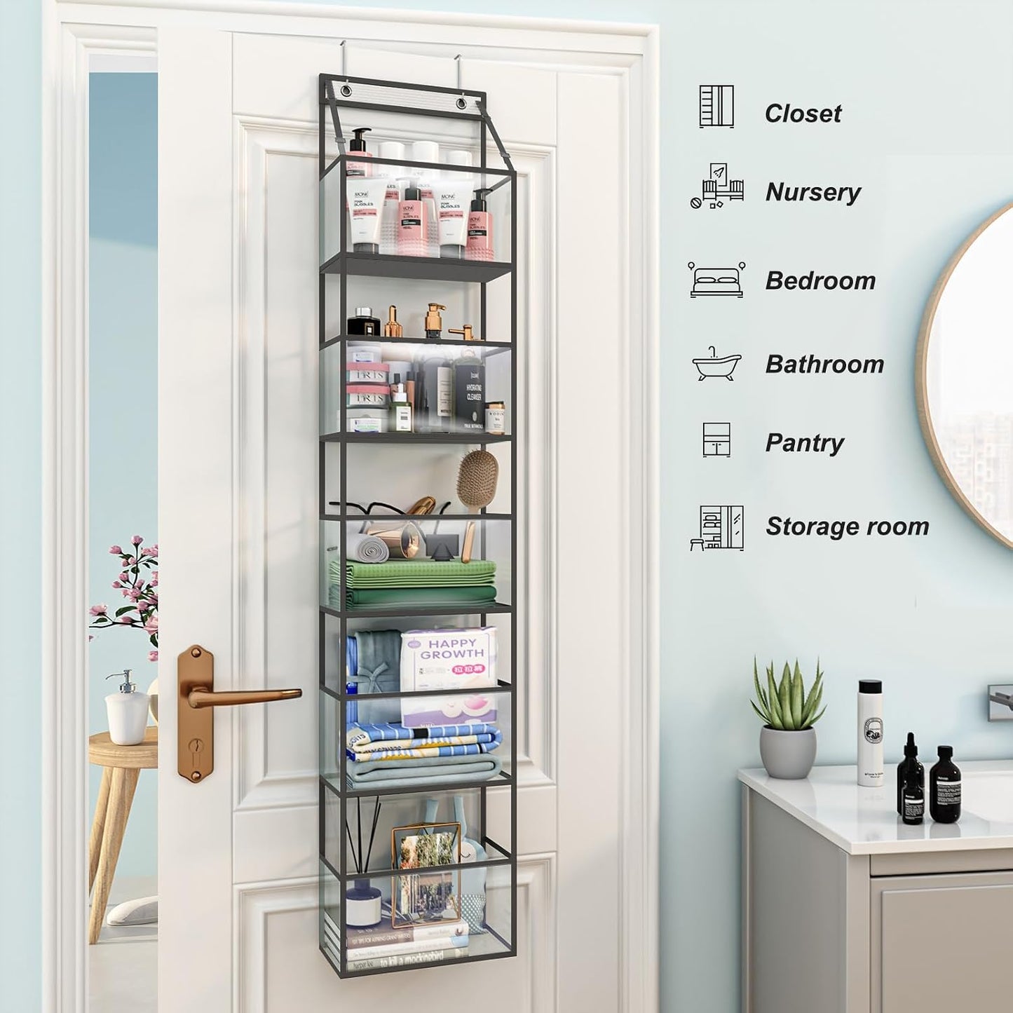Fixwal 5-Shelf Over The Door Hanging Pantry Organizer, Room Organizer with Clear Plastic Pockets, 25lb Ultra Sturdy & Large Capacity for Closet, Bedroom, Nursery, Bathroom and Sundries