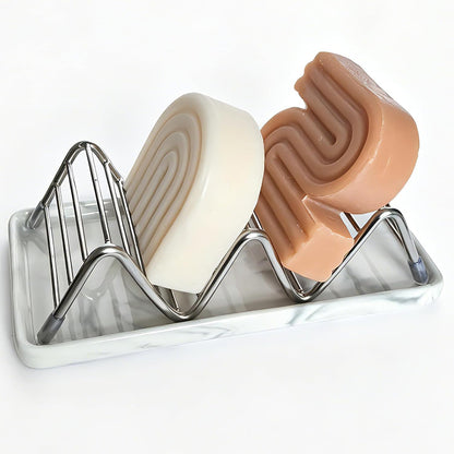Soap Dish, Stainless Steel Self Draining Shower Bar Soap Holder with Ceramic Dish Tray, W Style Soap Saver for Bathroom, Sink, Kitchen and Countertop(Gray Texture)