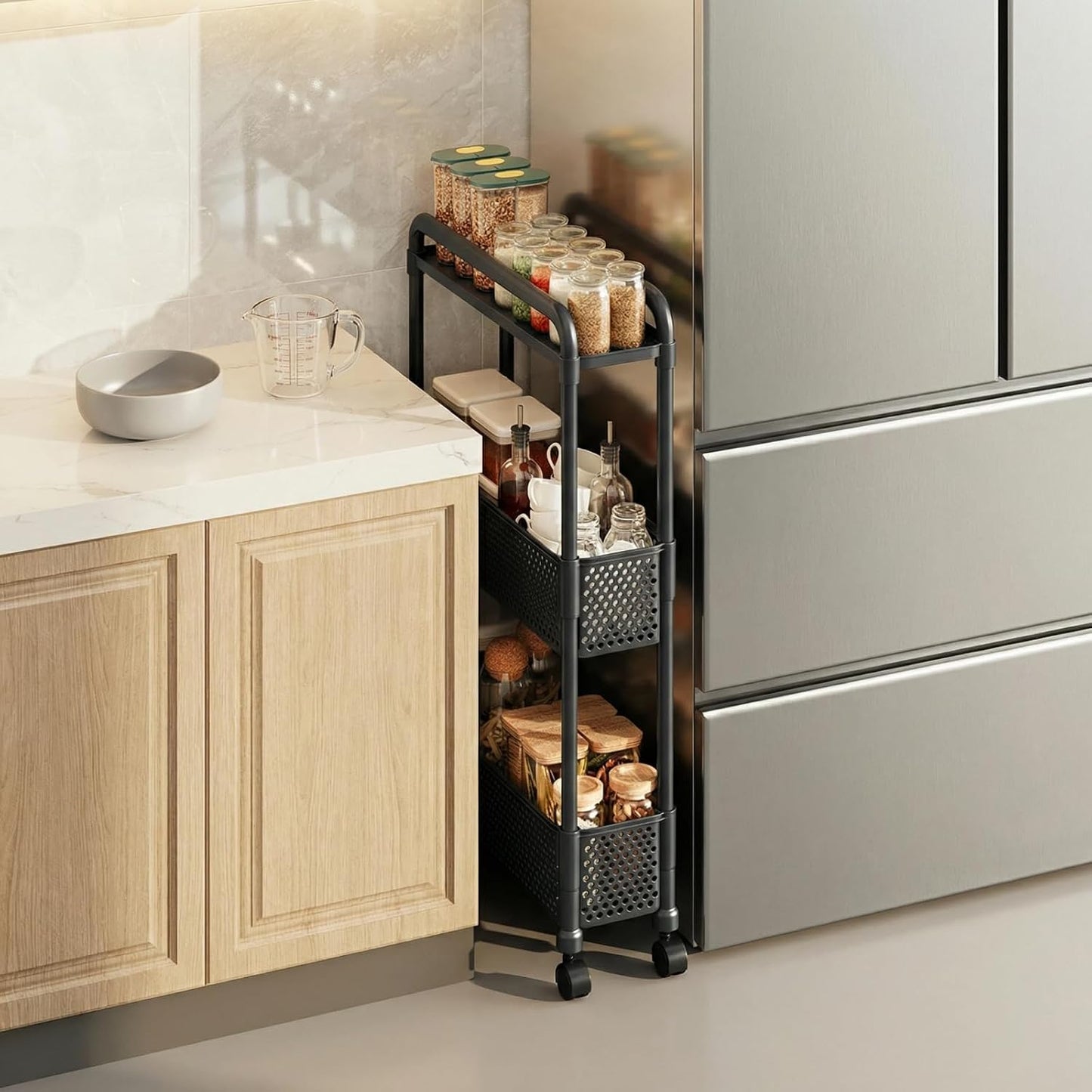 Slim Storage Cart, Plastic Kitchen Gap Storage, Multi-Layer Organizer with 360° Swivel Wheels for Kitchen Bathroom (Black,3 Tier)