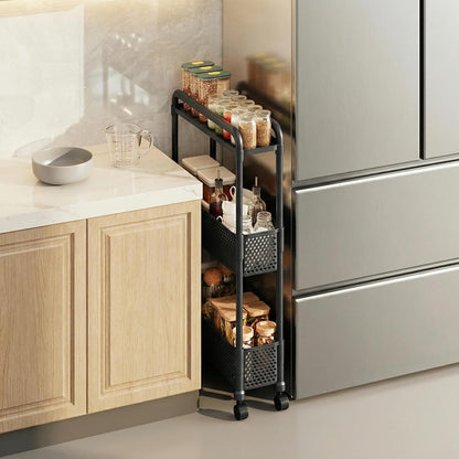 Slim Storage Cart, Plastic Kitchen Gap Storage, Multi-Layer Organizer with 360° Swivel Wheels for Kitchen Bathroom (Black,3 Tier)