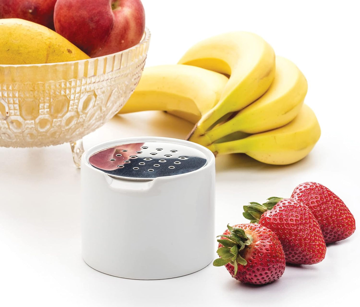 RSVP Endurance Kitchen Collection Ceramic Fruit Fly Trap, Stainless Steel Lid, Dishwasher Safe, 3.25x2.5