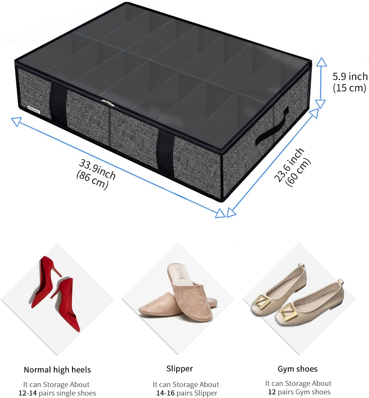 Onlyeasy Sturdy Under Bed Shoe Storage Organizer, Set of 2, Fit 12 to 24 Pairs, Underbed Shoes Closet Storage Solution with Clear Window, Breathable, L29.3 x W23.6 x H5.9, Linen-like Black, MXAUBSB2P