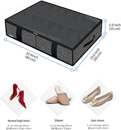 Onlyeasy Sturdy Under Bed Shoe Storage Organizer, Set of 2, Fit 12 to 24 Pairs, Underbed Shoes Closet Storage Solution with Clear Window, Breathable, L29.3 x W23.6 x H5.9, Linen-like Black, MXAUBSB2P
