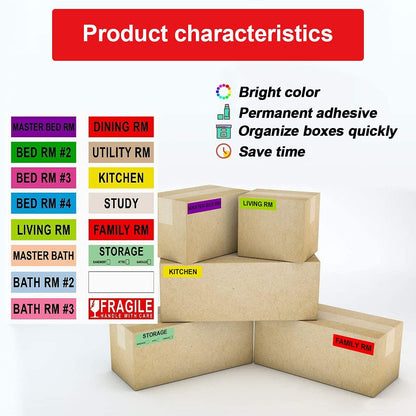 AveneMark 960 Count Home Moving Color-Coded Labels - 16 Rolls House Fragile Stickers, 4 Bedroom Blank Packing Labels for Box Supplies, 60 Labels per Roll, 1" x 4.5"