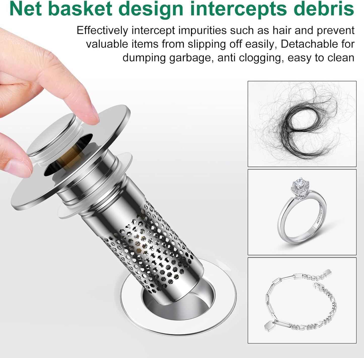 Bathroom Sink Drain Strainer,Universal Pop-Up Sink Stopper Hair Catcher, Anti-Clog Stainless Steel Drain Filter Basket, Removable Sink Drain for Bathroom Sink Stopper (Ysilver-2（with Buckle）)