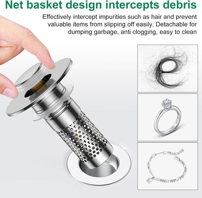 Bathroom Sink Drain Strainer,Universal Pop-Up Sink Stopper Hair Catcher, Anti-Clog Stainless Steel Drain Filter Basket, Removable Sink Drain for Bathroom Sink Stopper (Ysilver-2（with Buckle）)