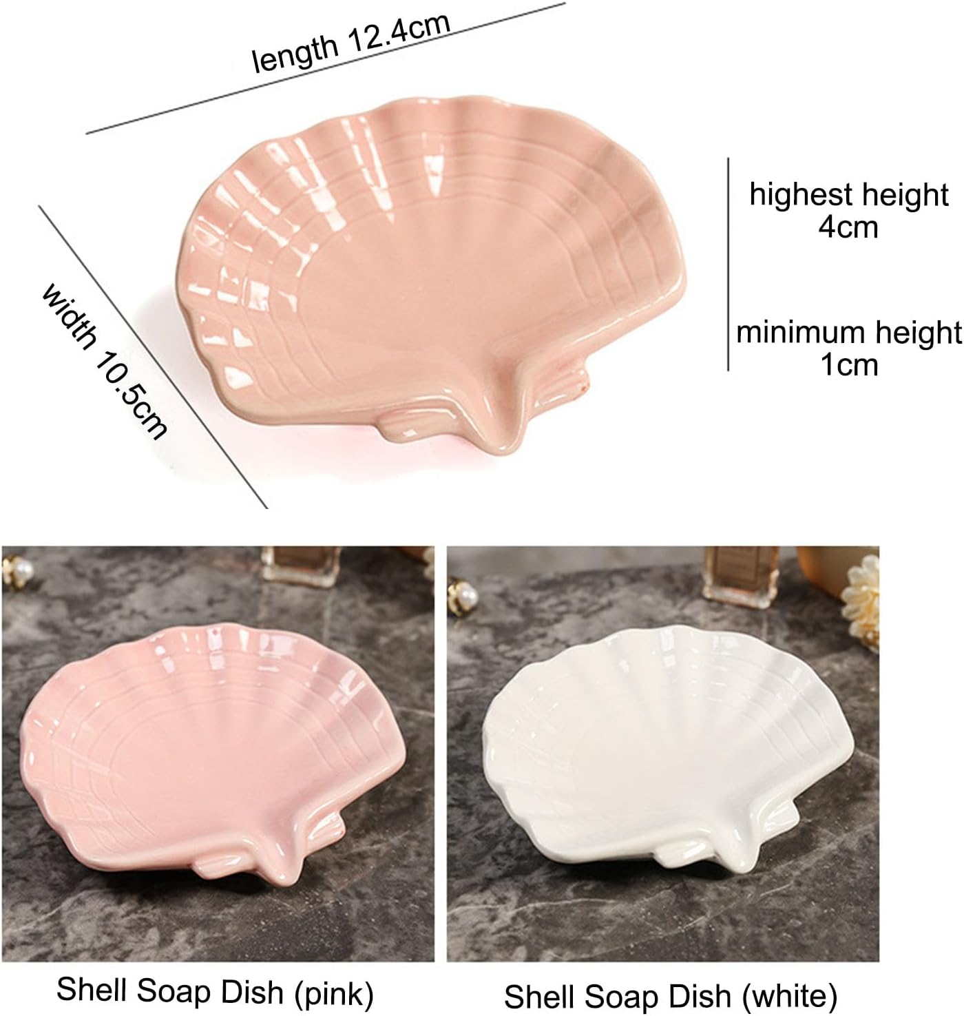 Ceramic Soap Holder, Sea-Shell Soap Tray with Self Draining, Soap Tray for Sink Washroom Bathroom Shower, Small Cute and Elegant Holder with Glaze, Easy Cleaning (White)