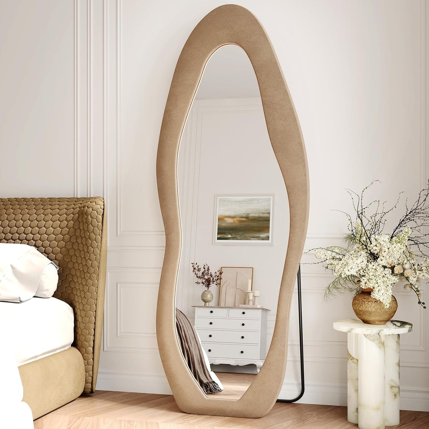 71"x32" Flannel Full Length Mirror, Arched Mirrors Full Length with Stand, Flannel Floor Mirror for Bedroom and Living Room, Full Body Mirror Hanging or Leaning, White
