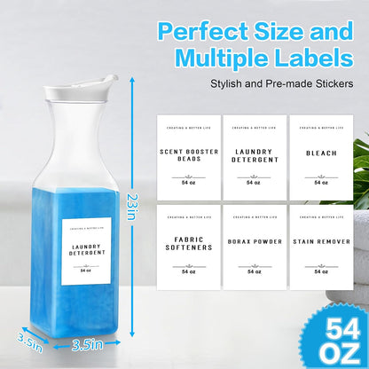 Laundry Detergent Dispenser Bottle 40oz with Waterproof Label for Laundry Detergent Soap Fabric Softener Bleach Scent Booster Beads, Sturdy PET Bottle for Laundry Room Decor 2 Pack White
