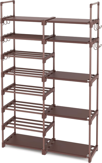 ROJASOP Shoe Rack Organizer, 8-Tier Metal Shoe Rack for Closet Entryway Garage, 26-32 Pairs Tall Shoe Boot Storage Shelf with 15 Hooks, Stackable Large Shoe Stand