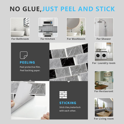 URCOLOR 10-Sheet Subway Tile Peel and Stick Backsplash for Kitchen,12"x12" Self Adhesive Wall Tiles Sticker on Back Splashes for Bathroom Gray Marble Design