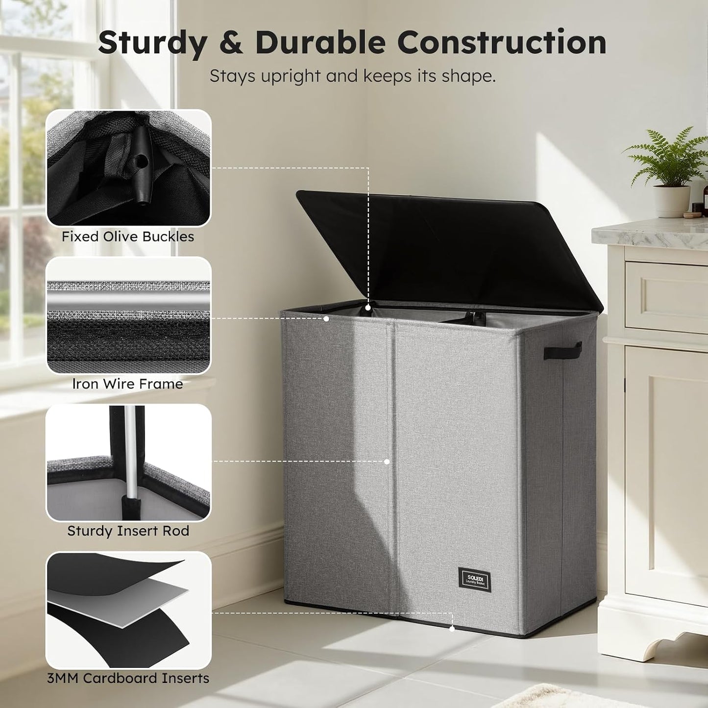SOLEDI Luxury Double Laundry Hamper with Lid and Removable Bags, 38.3 Gal Large Laundry Bin, Laundry Basket 2 Sections, Collapsible Clothes Hamper for Bedroom, Laundry Room, Bathroom, Off-white