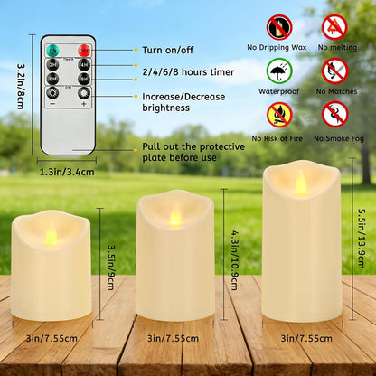 Outdoor Indoor Flameless Candles, Patented 3D Dual-LED, Set of 6 Slanted Top Durable Plastic Pillars with 2 Remotes & Timer, Non-Melting Waterproof Battery Candles for Patio Garden (Ivory)