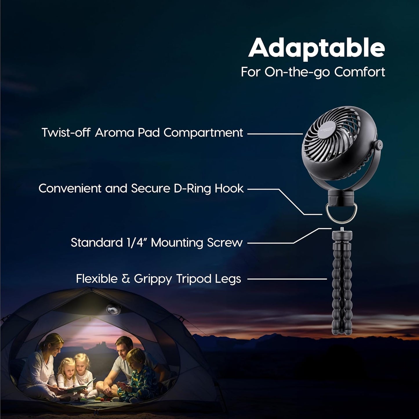 IRIS USA WOOZOO 3.5" Cordless Portable Clip On Fan, USB-C Rechargeable Fan, LED Light, Mosquito Repellent Tray, 360° Tilt, 3 Speeds,Bedside Kitchen Camping Golfing Outdoor Use, Black