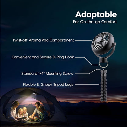 IRIS USA WOOZOO 3.5" Cordless Portable Clip On Fan, USB-C Rechargeable Fan, LED Light, Mosquito Repellent Tray, 360° Tilt, 3 Speeds,Bedside Kitchen Camping Golfing Outdoor Use, Black