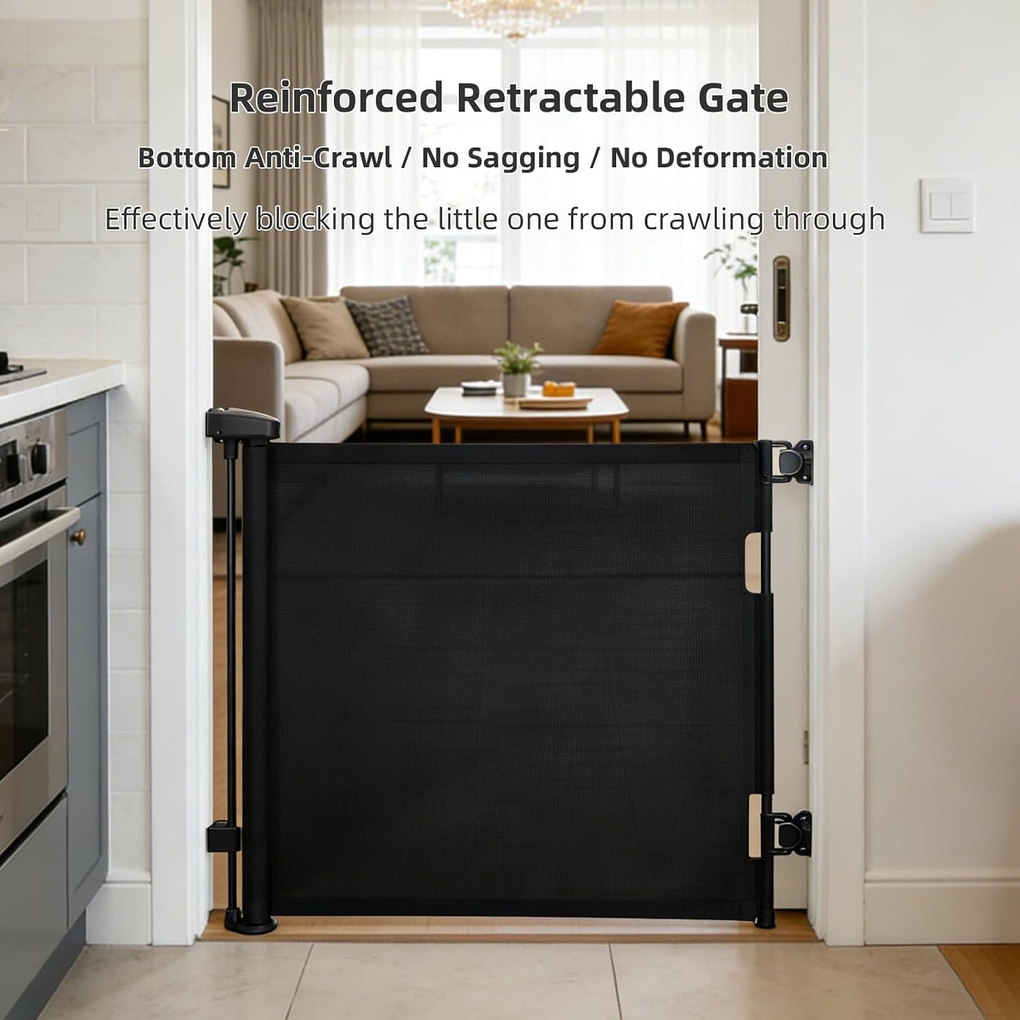Retractable Baby Gate, 55 in Wide x 33 in Tall Mesh Dog Gate, Hardware Mounted Safety Gate with Double Lock for Doorways, Hallways, Indoor Outdoor, White