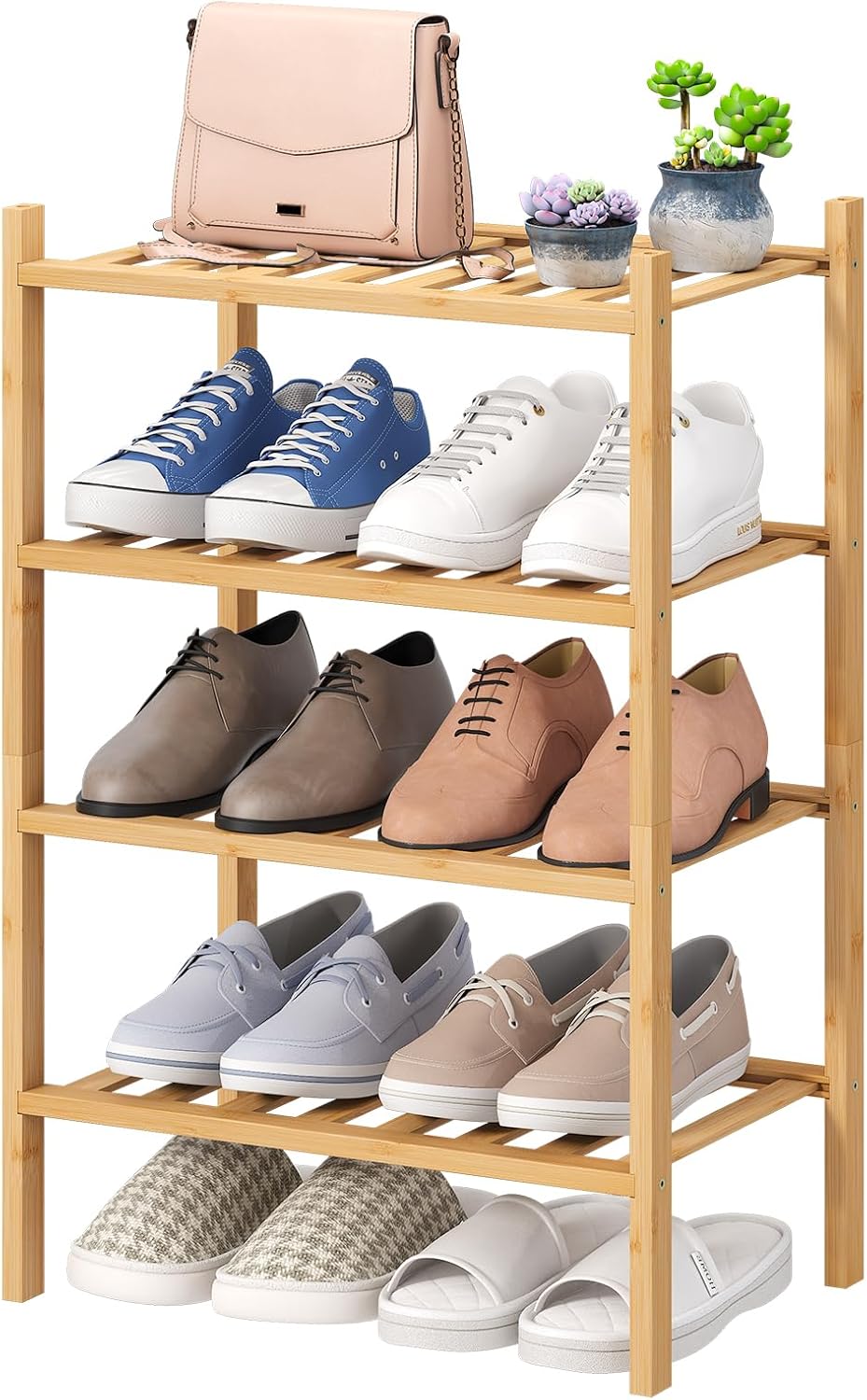 viewcare 3-Tier Black Bamboo Shoe Rack for Entryway, Stackable | Foldable | Natural, Shoe Shelf Storage Organizer for Hallway Closet, Free Standing Shoe Racks for Indoor Outdoor