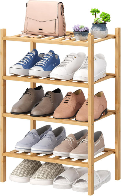 viewcare 3-Tier Black Bamboo Shoe Rack for Entryway, Stackable | Foldable | Natural, Shoe Shelf Storage Organizer for Hallway Closet, Free Standing Shoe Racks for Indoor Outdoor
