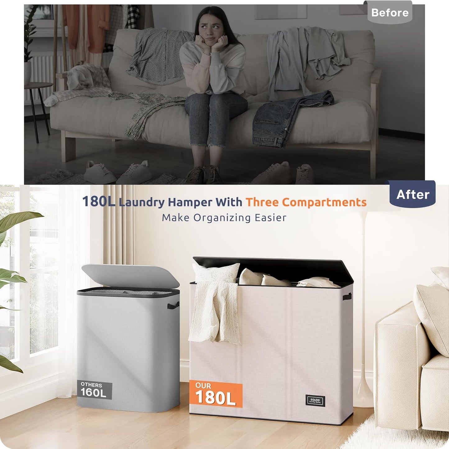 SOLEDI 180L Laundry Hamper 3 Section, Extra Large Laundry Hamper with Lid, Dirty Clothes Hamper with Sturdy Handle, Large Laundry Basket Organizer for Laundry Room, Bedroom, Hampers for Laundry
