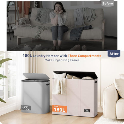 SOLEDI 180L Laundry Hamper 3 Section, Extra Large Laundry Hamper with Lid, Dirty Clothes Hamper with Sturdy Handle, Large Laundry Basket Organizer for Laundry Room, Bedroom, Hampers for Laundry