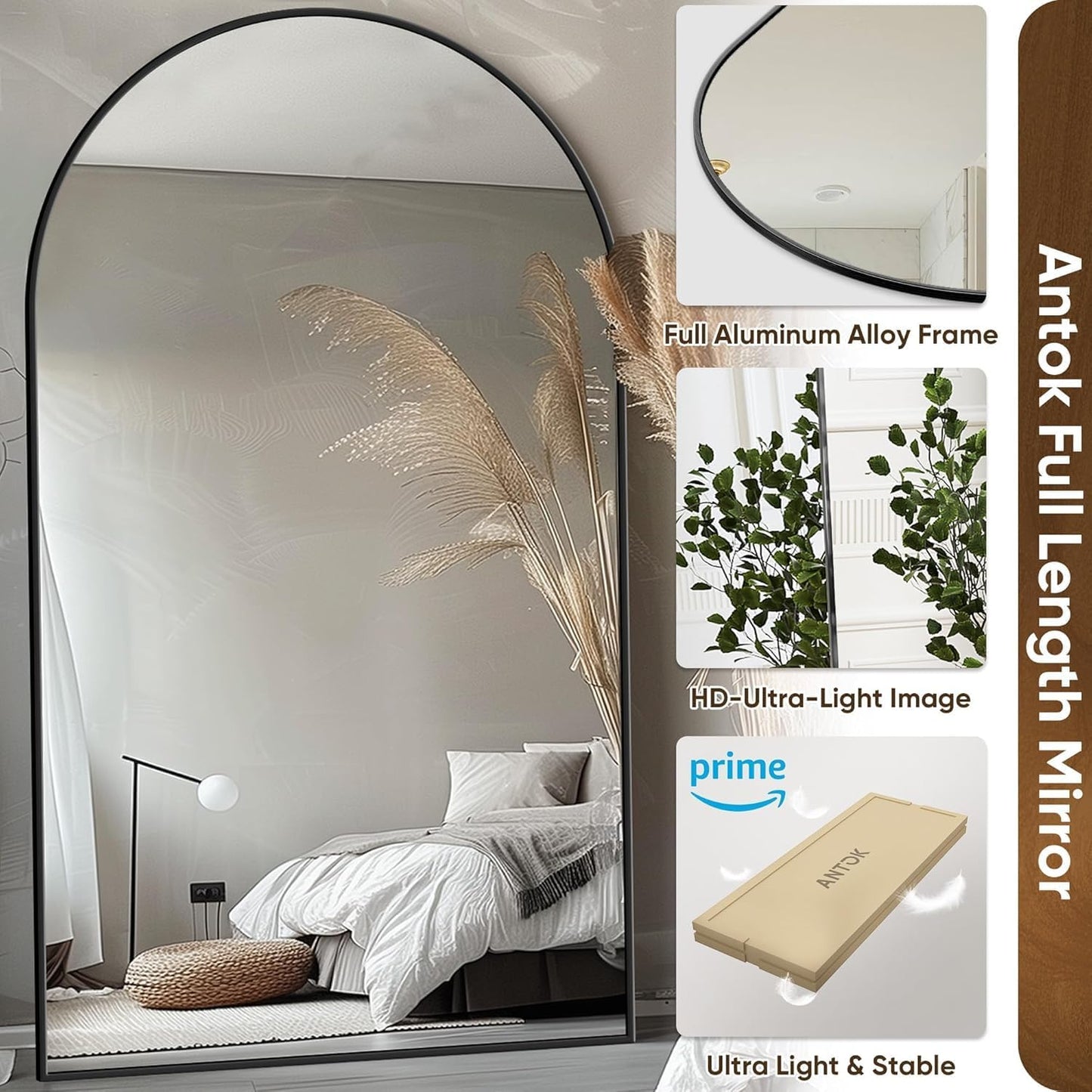 Antok 58" x19” Arched Full Length Floor Mirror, Gold Aluminum Frame, Free Standing/Wall Mount/Leaning for Bedroom, Living Room, Dressing Room