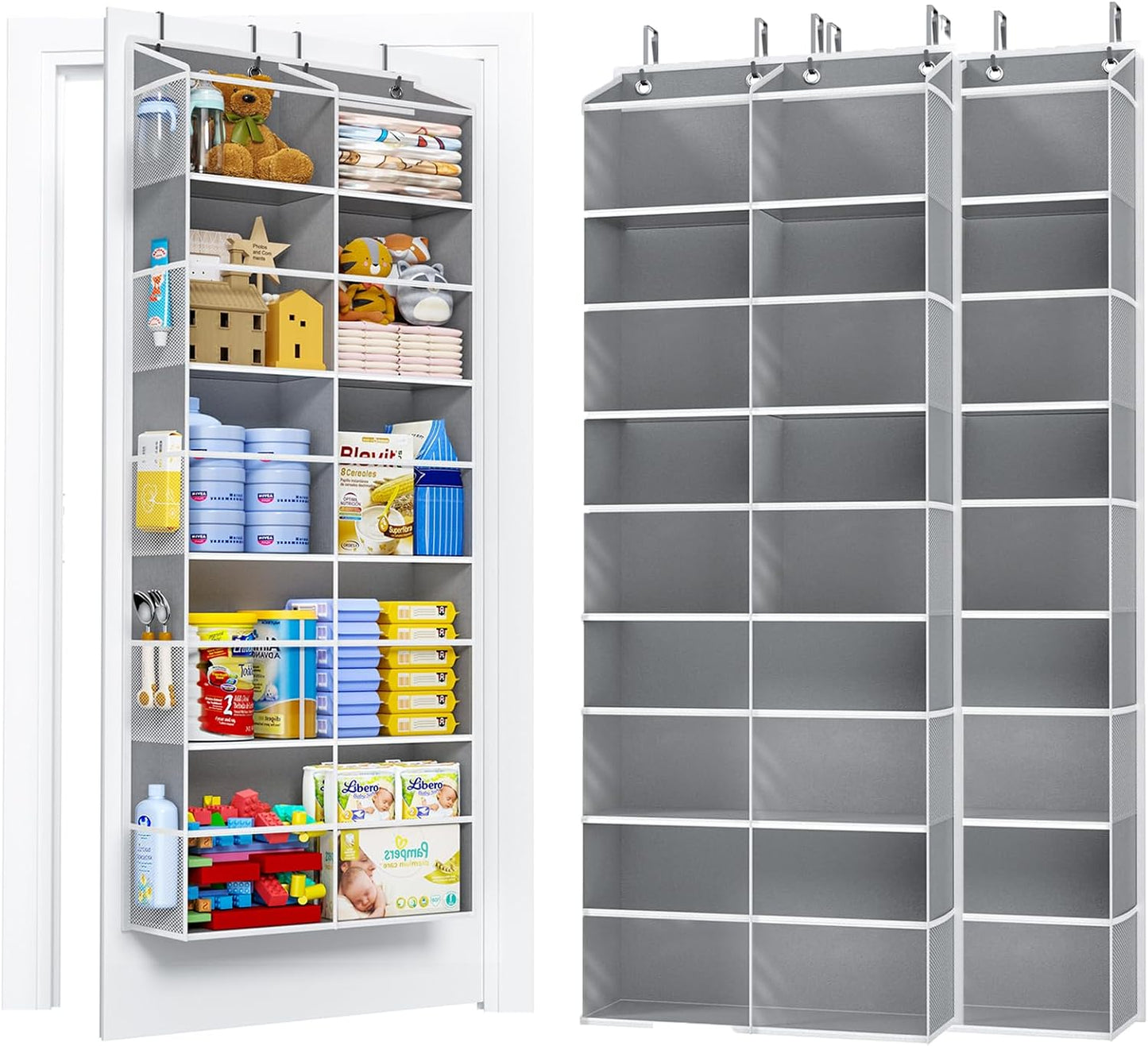 PureSpace 5-Tier Over the Door Organizer, 10 Side Mesh Pockets & Clear Windows, 80LBS Heavy Duty Hanging Storage for Baby Diapers, Shoes, Toys – Ideal for Nursery, Bathroom, Bedroom, Pantry (Grey)