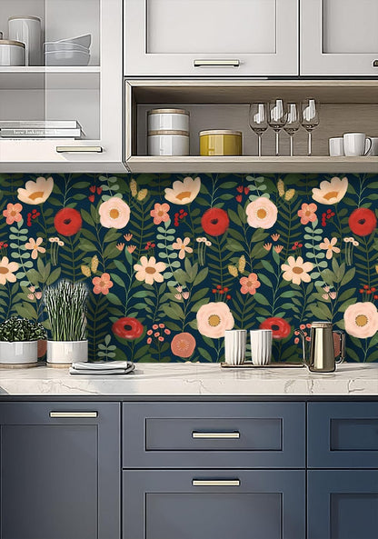 HAOKHOME Floral Peel and Stick Wallpaper Boho Vintage Wall Paper Removable for Bathroom Nursery Beige/Pink/Red Contact Paper 17.3in x 9.8ft