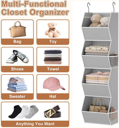 Hanging Closet Organizer 4 Shelf Collapsible Bedroom Closet Organizers and Storage Hanging with Mesh Pockets for Clothes, Fabric Hanging Storage Bins for Wardrobe Closet Organization and Storage, Grey