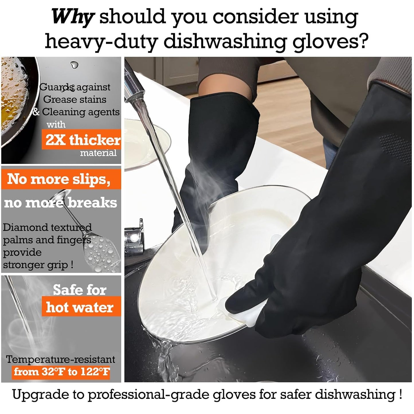 Heavy-Duty Thick Black Rubber Cleaning Gloves, 3 Pairs, L | Reusable & waterproof black/orange dual layers. Non-slip design for dishwashing, kitchen cleaning, and auto care.