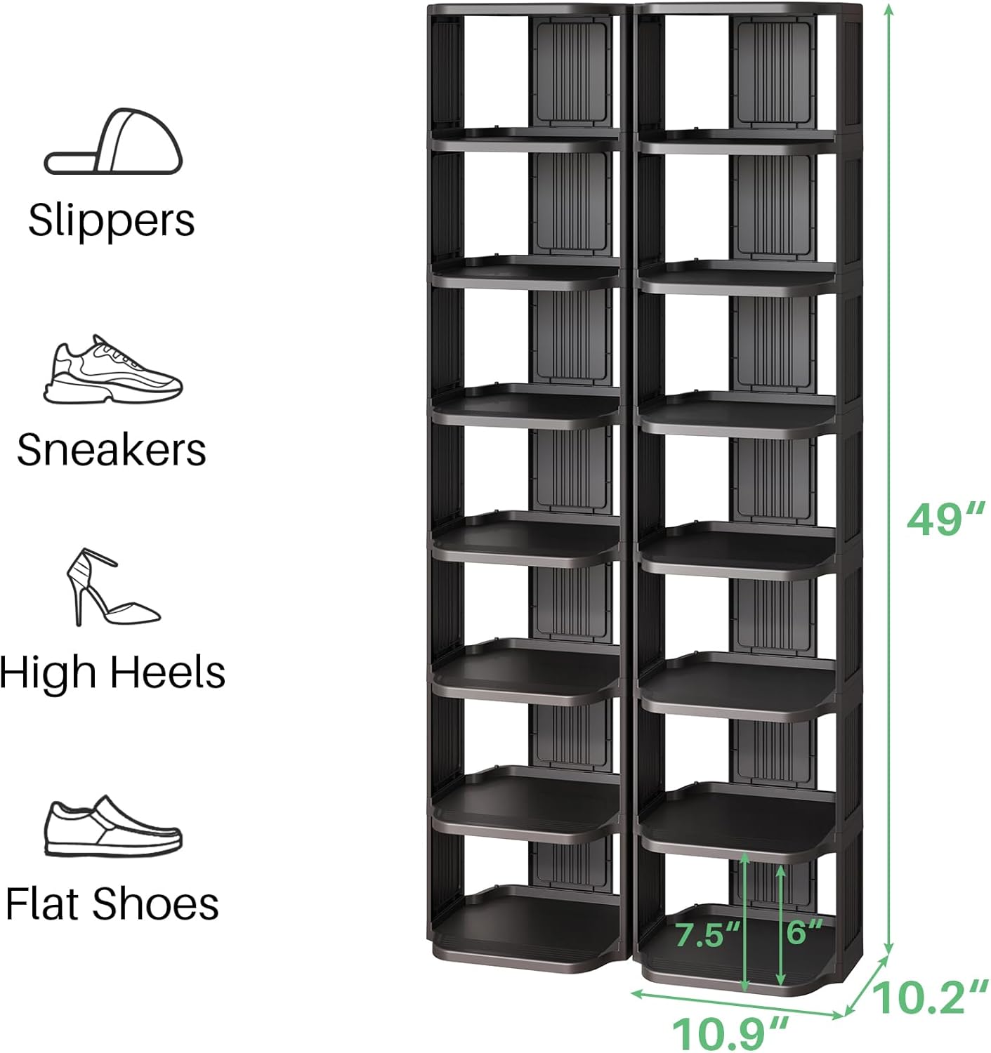 Kitstorack 8-Tier Vertical Plastic Shoe Rack, Freestanding Stackable Storage Organizer for Small Closets and Tight Spaces