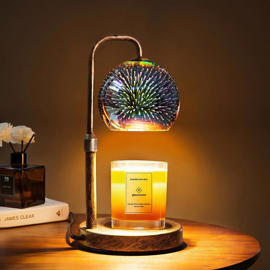 Glocusent Candle Warmer Lamp with Timer, Dimmable, Adjustable Retro 2 Bulbs | 3D Glass Globe with Firework Patterns, retro Candle Warmer Lamp for Jar Candles, Gifts for Women/Mom/Her, New Home Decor