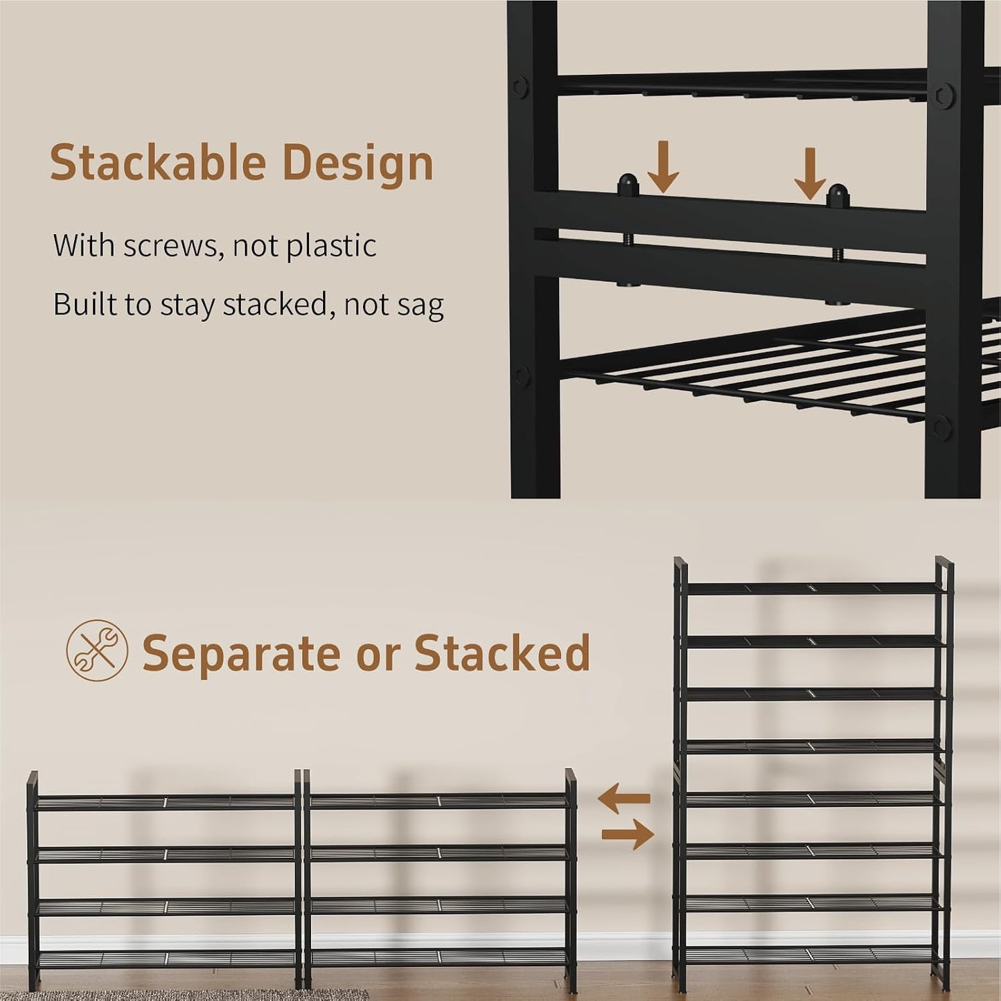 Stackable Shoe Rack, 6 Tier Metal Shoes Rack Storage Organizer,Large Capacity Shoe Shelf Max Holds 30 Pairs of Shoes,Sturdy and Stable, for Closet, Entryway,Garage，Black