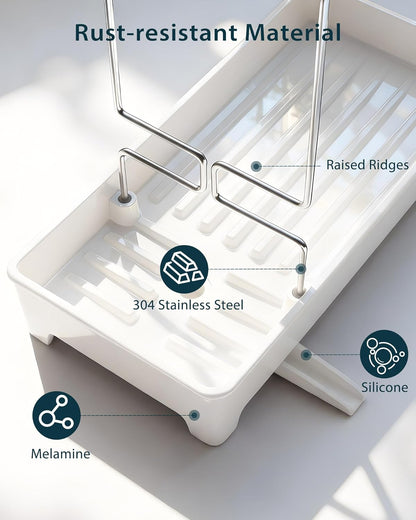Minimalist Sink Caddy, Rustproof Sponge Holder for Kitchen Sink with 304 Stainless-Steel Brush Holder, Countertop Rack Organizer with Raised Ridges & Silicone Drain Tube (Black, Large)