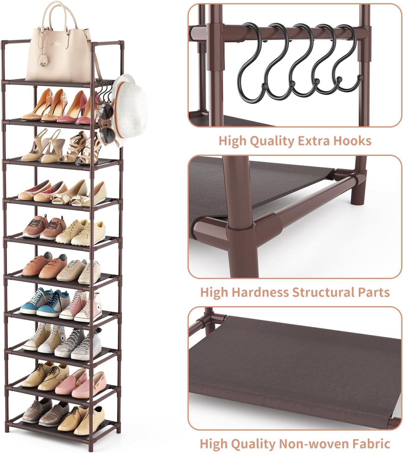 LANTEFUL 10 Tiers Tall Shoe Rack 20-25 Pairs Boots Organizer Storage Sturdy Narrow Shoe Shelf for Entryway, Closets with Hooks, Black