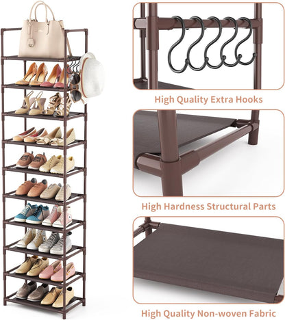 LANTEFUL 10 Tiers Tall Shoe Rack 20-25 Pairs Boots Organizer Storage Sturdy Narrow Shoe Shelf for Entryway, Closets with Hooks, Black