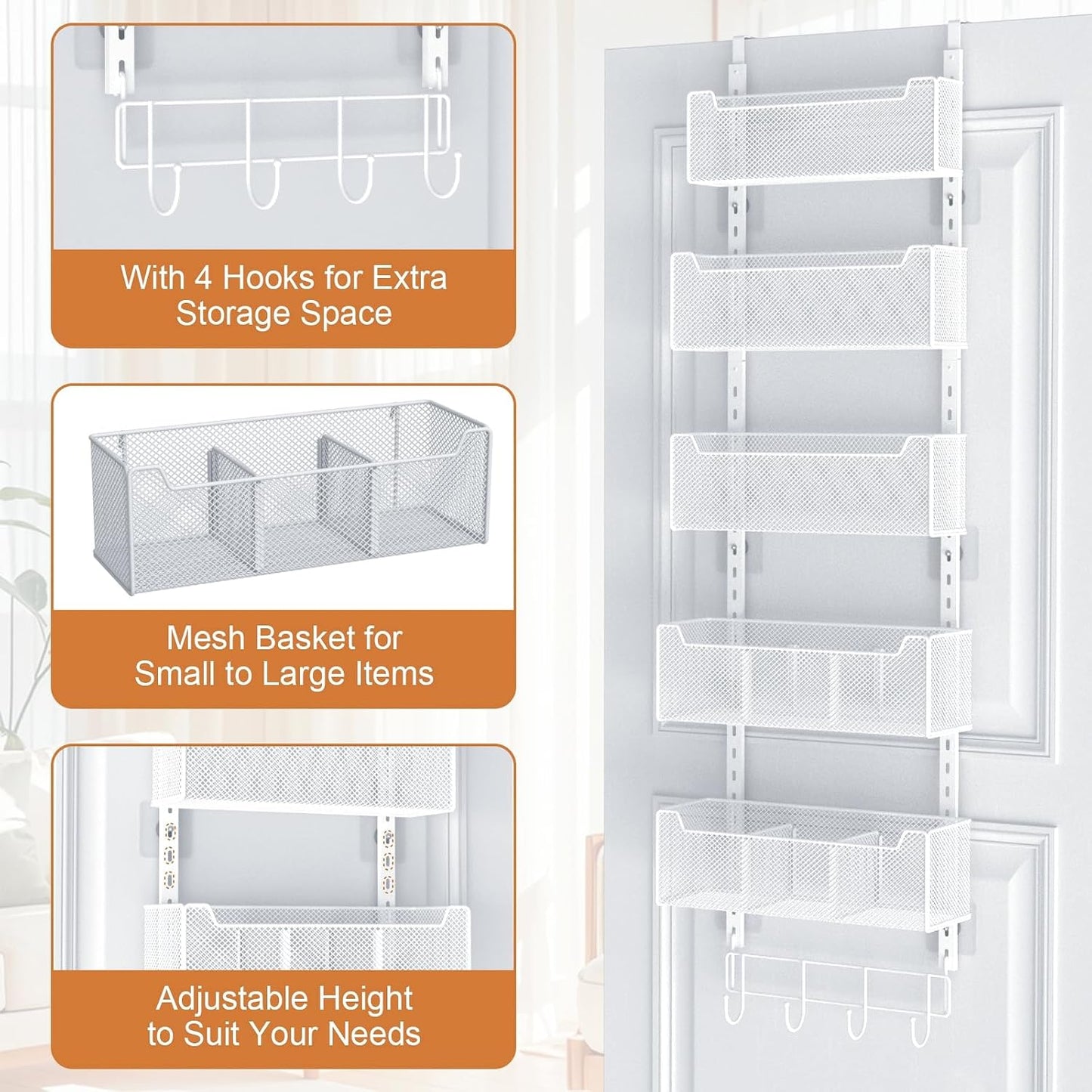 VyGrow Over The Door Organizer, Metal Door Organizer Hanging with 5 Adjustable Baskets and Coat Hook, Behind The Door Storage for Bedroom Closet Bathroom Pantry Cabinet Kitchen, Black