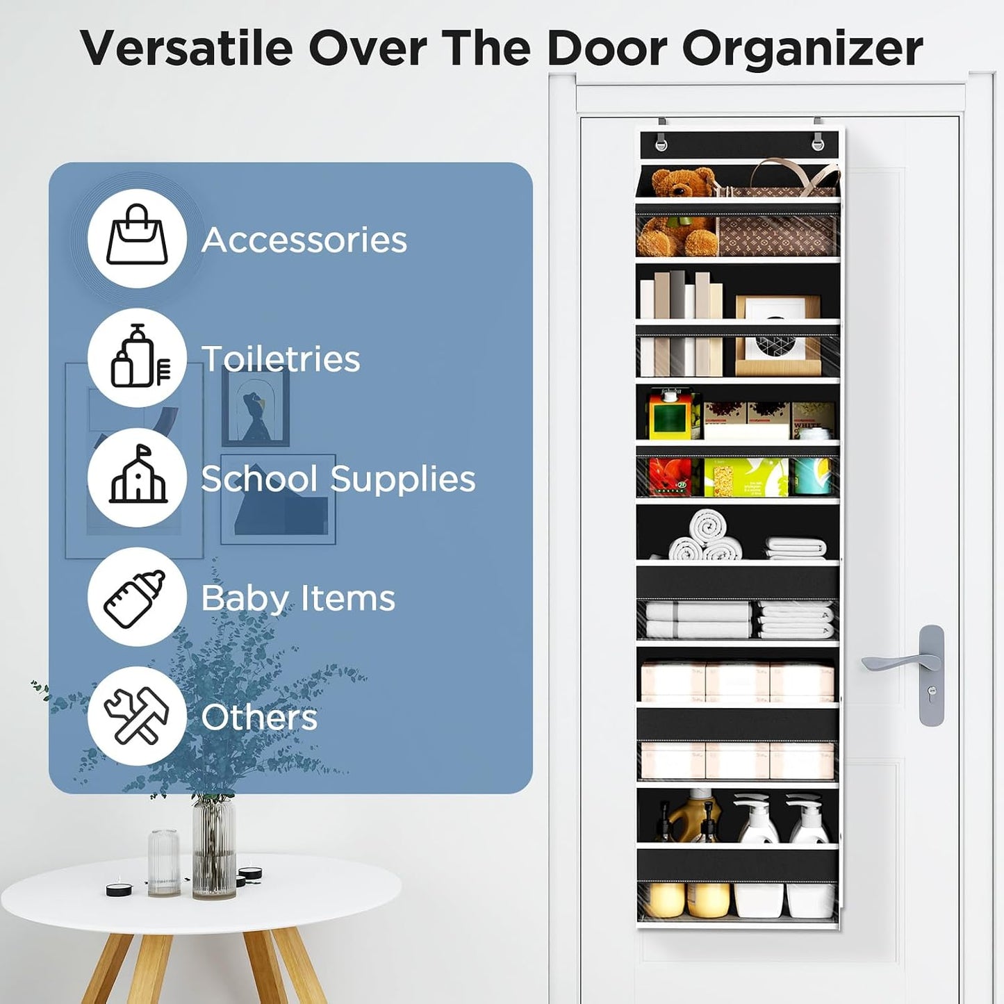 6 Tiers Over The Door Organizer, Heavy Duty Hanging Organizer Storage with Large Capacity Pockets, Behind Door Storage Hanging Shelves for Closet Wall Bathroom Bedroom Nursery Pantry, 1 Pack Grey