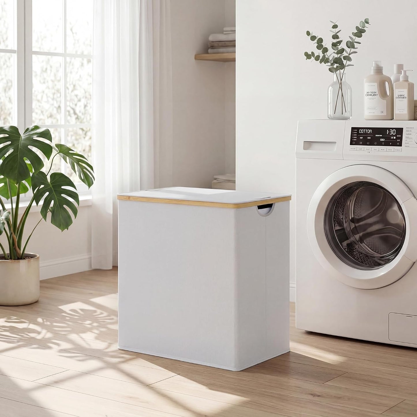 efluky Laundry Hamper with Lid, Trio Laundry Basket with 2 Removable Bags, 3 Section Laundry Bin with Bamboo Handles for Bathroom, Bedroom & Laundry Room, 160L (42.3 Gallon) Beige