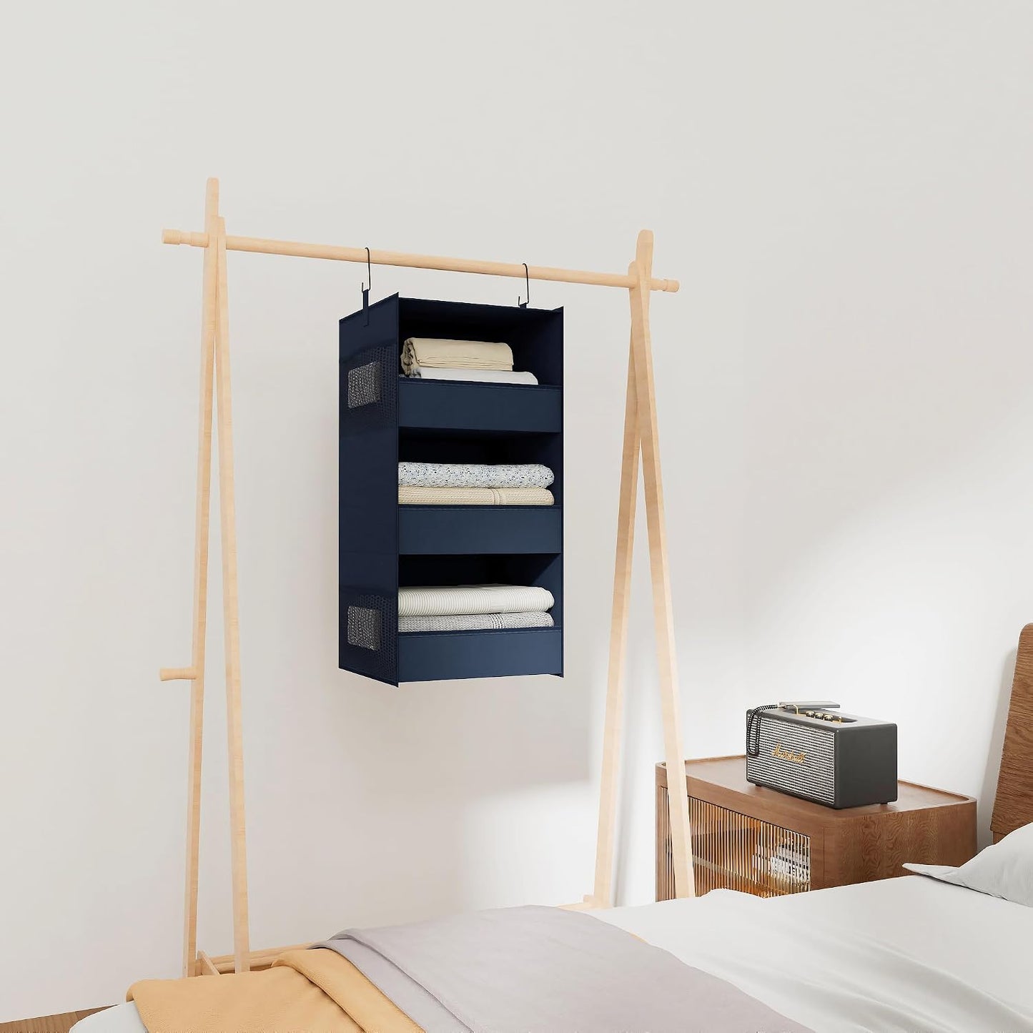 3-Shelf Hanging Closet Organizer, Washable Foldable Storage, Dark Gray | Front lip keeps items secure; side pockets add room; Oxford fabric handles towels, shirts, baby items, dorms, RVs or travel.