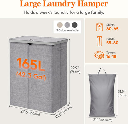 Lifewit 165L Large Laundry Basket with Lid, Laundry Hamper with Plastic Handles and Removable Bag, Foldable Tall Dirty Clothes Hampers for Laundry for Laundry Room, Bedroom, Bathroom, Dorm, Beige