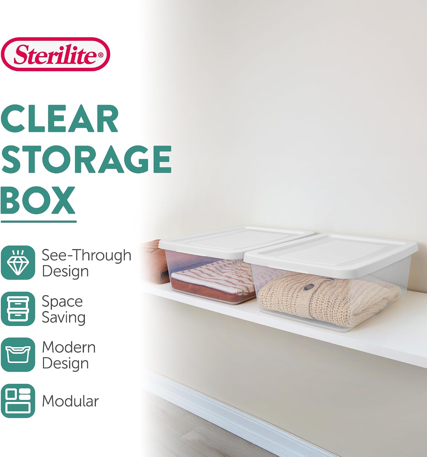 Sterilite 6 Pack Storage Box, 41 Quart Stackable Tote, Clear Plastic Container with Secure Snapping White Lids for Home and Office Organization